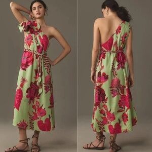 Farm Rio Fresh Garden One-Shoulder Linen Midi Dress (S)